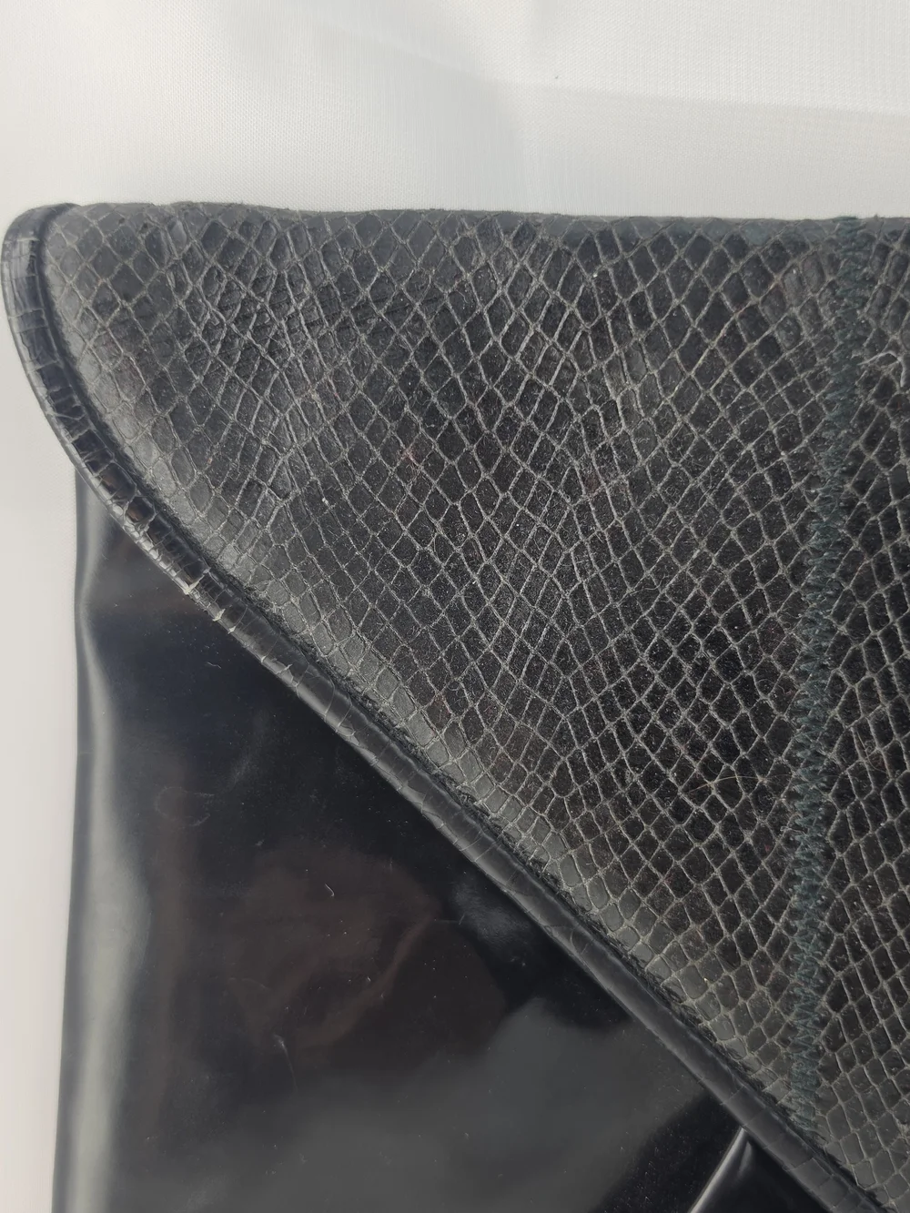 Large Black Vintage 60s Patent Leather Envelope Clutch Bag with Snakeskin Flap